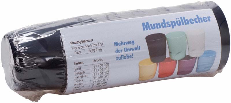 Mehrweg-Mundspülbecher in dunkelblauer Farbe, verpackt mit Etikett.