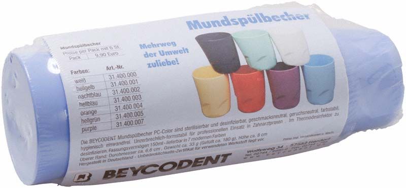 Verpackung mit hellblauen Mundspülbechern von Beycodent für Zahnarztpraxen.