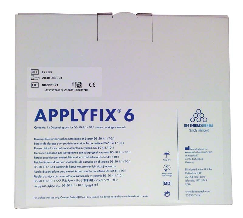 Kartonschachtel der Applyfix 6 Dosierpistole von Medic-Star für Dentalmaterialien.