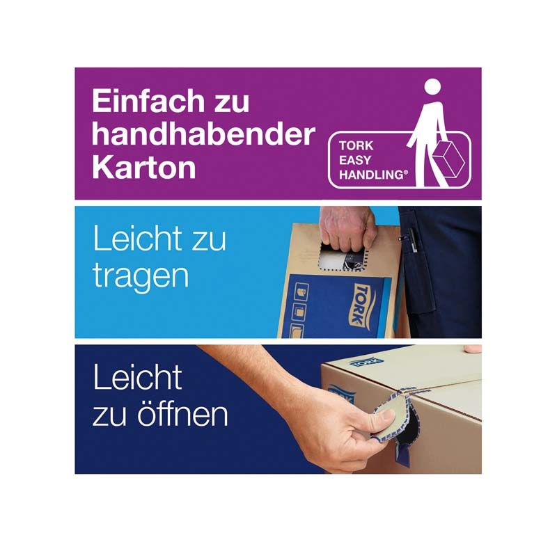 Einfach zu handhabende Tork-Kartonverpackung mit Tragegriff und Öffnung.
