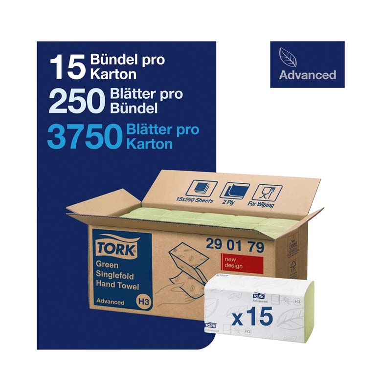 Offene Tork-Kartonverpackung mit grünen Zickzack-Handtüchern und Kapazitätsangaben.
