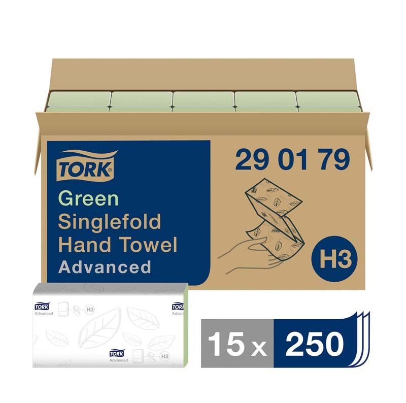 Offene Kartonverpackung Tork Advanced grün mit Zickzack-Handtüchern und Produktinformationen.