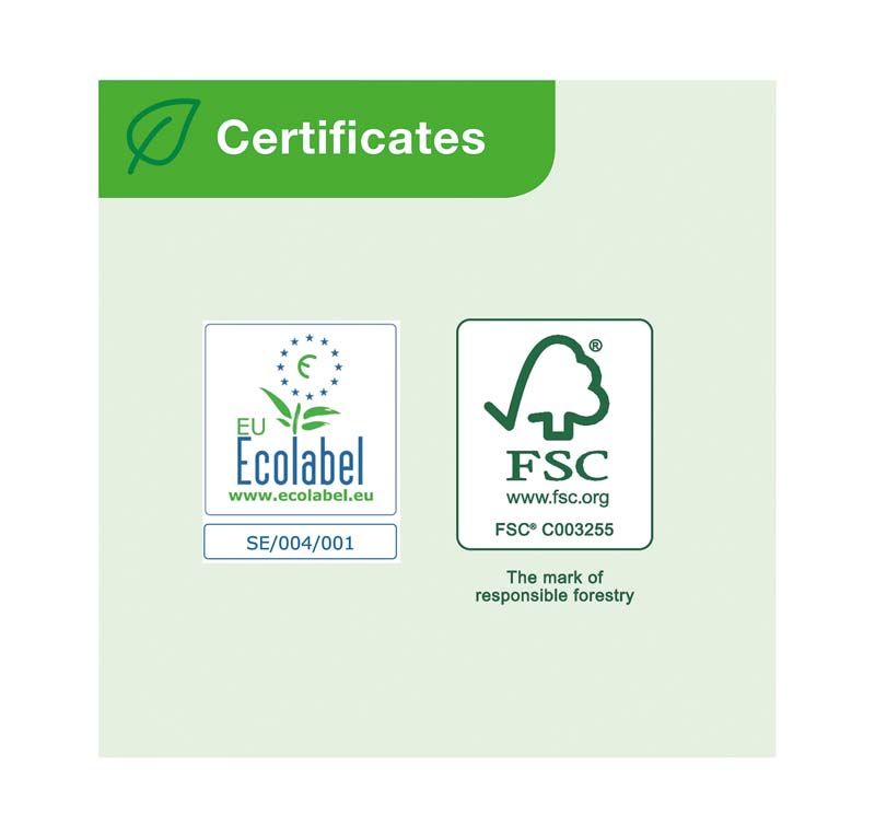 Zertifikate für EU Ecolabel und FSC auf grünem Hintergrund.