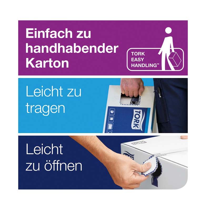 Einfach zu handhabender Tork-Karton mit Tragegriff und Öffnungsanleitung.