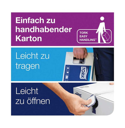 Einfach zu handhabender Tork-Karton mit Tragegriff und Öffnungsanleitung.