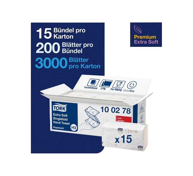 Tork Handtücher V-Falz Karton mit 15 x 200 Stück und Premium-Logo.