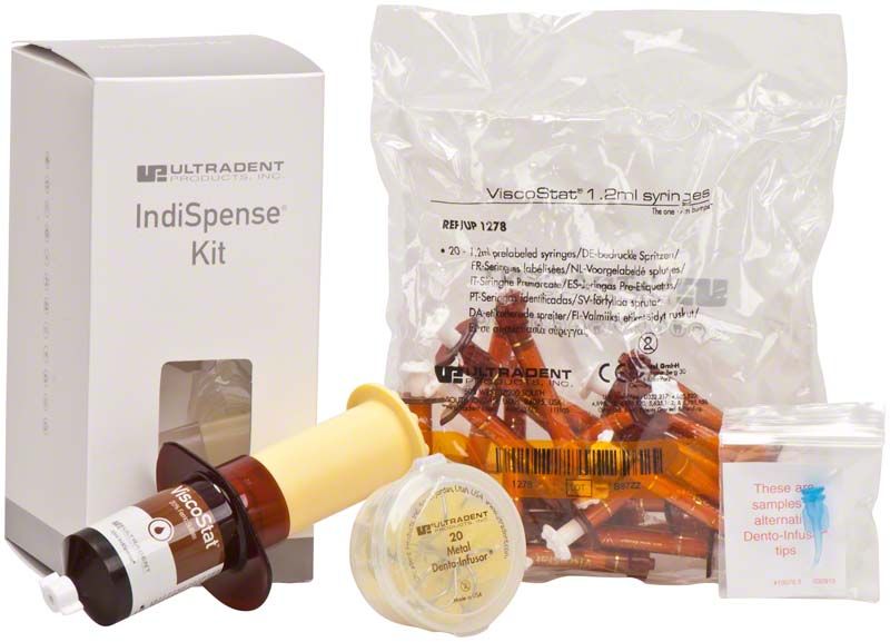 ViscoStat Dento-Infusor Kit mit Spritze, Applikationsspitzen und Verpackung.