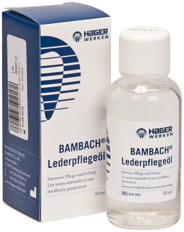 Bambach® Lederpflegeöl-Flasche und Verpackung von Hager & Werken.