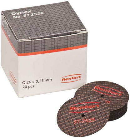 Verpackung und Detailansicht der Dynex Trennscheiben für Dentaltechnik.