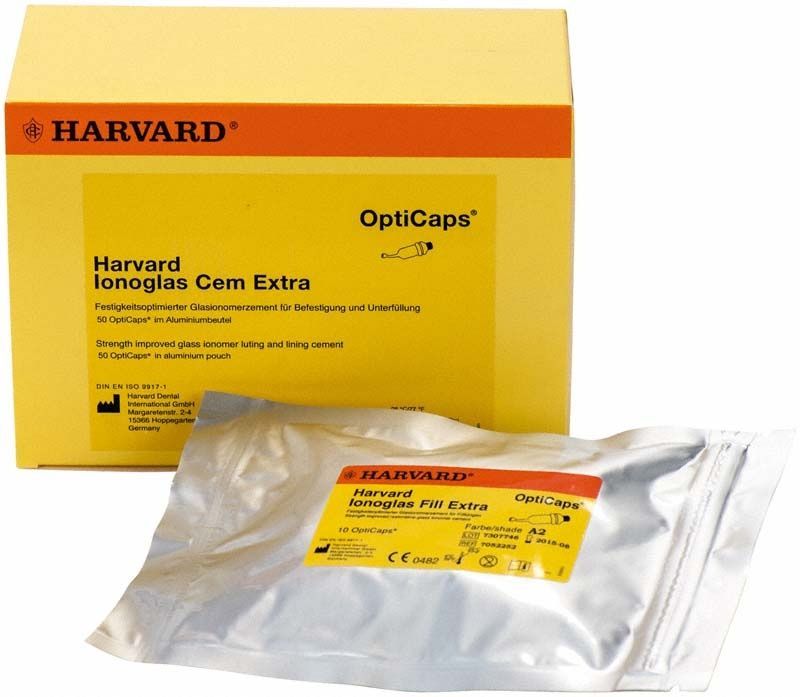 Harvard Ionoglas Fill Extra OptiCaps A2 Verpackung und Einzelkapsel.