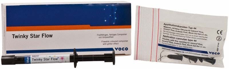 Twinky Star Flow Spritze blau mit Verpackung und Applikationskanüle von Voco.