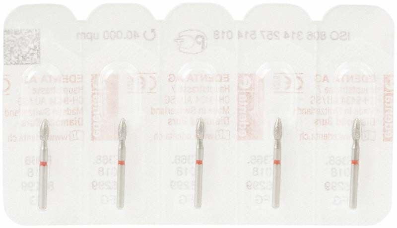 Blisterpackung mit fünf Diamantschleifern FG 368F 018 für Zahntechnik.