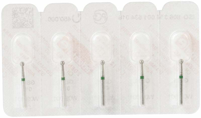 Diamantschleifer FG 801G 018 mit grünem Ring in Blisterverpackung.