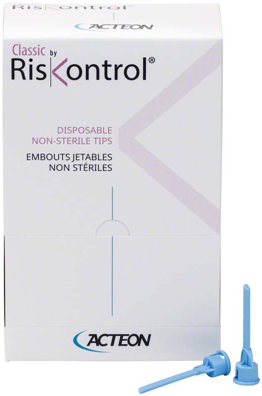 Riskontrol® classic blau Einwegkanülen mit Verpackung im dentalen Bereich.