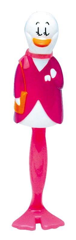 Kinderzahnbürste in Form einer Ente mit rosa Griff und Mantel.