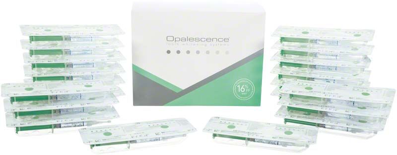 Opalescence™ PF 16% Mint Bleaching-Gel-Packungen vor Produktverpackung.
