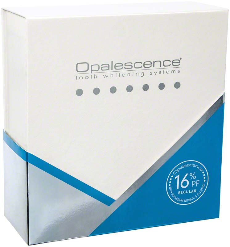 Opalescence™ PF 16% Zahngel-Verpackung mit blauem und silbernem Design.
