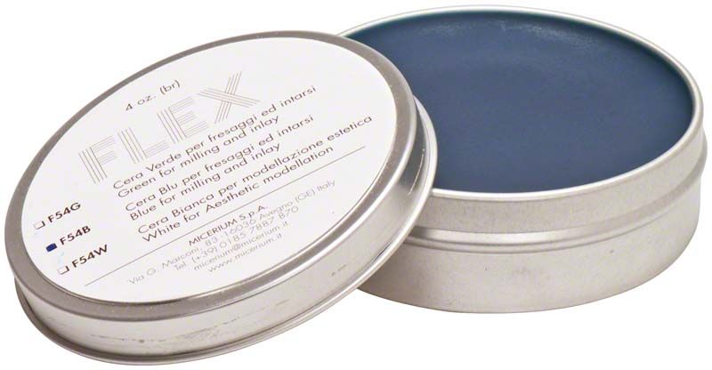 Blaues Modellierwachs Flex EZ in geöffneter Dose für Zahntechnik.