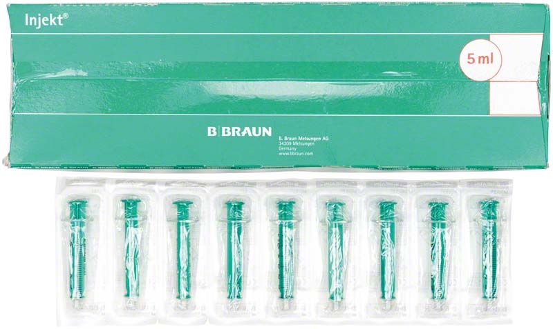 Verpackung mit Injekt Solo Luer-Lock 5ml Einmalspritzen, zehn Stück.