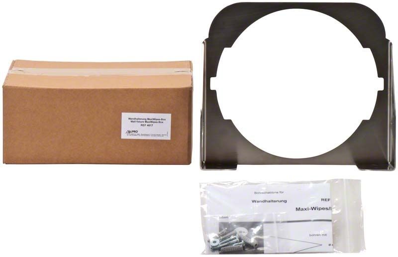 Brauner Karton, Metallhalterung und Schraubenbeutel für MaxiWipes L Wandhalter.