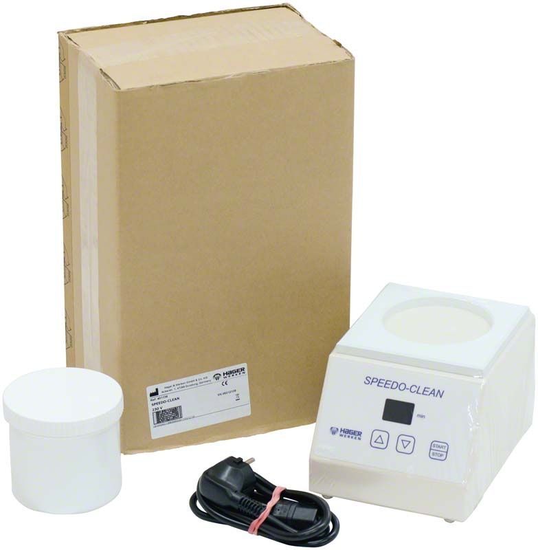Speedo-Clean Ultraschallreiniger mit Netzteil und Verpackung.