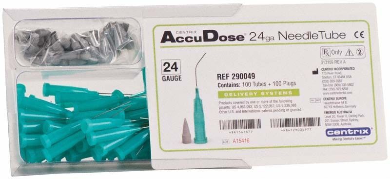 Accudose Needle Tubes 24GA in Originalverpackung mit grünen Applikatoren.