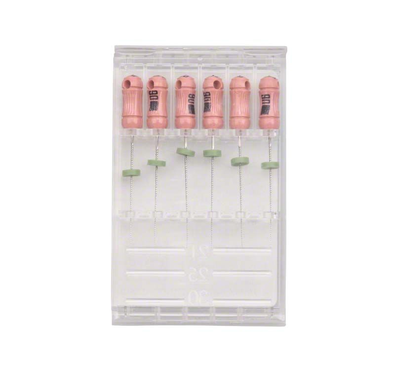 Sechs SybronEndo K-Feilen 21mm ISO 006 in transparenter Halterung.