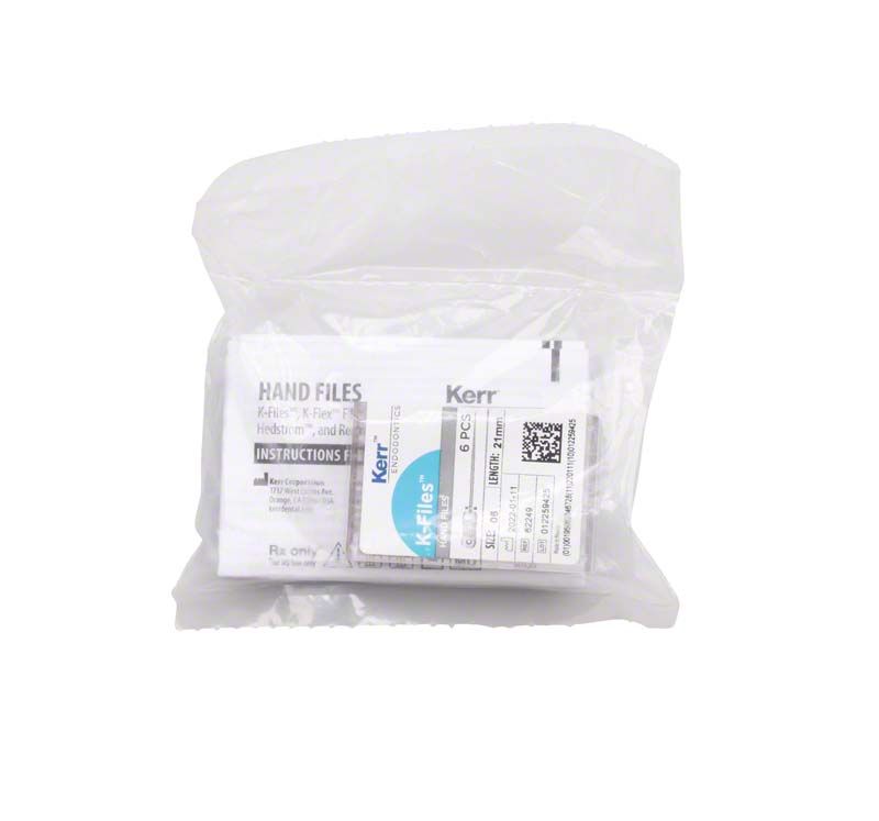 SybronEndo K-Feilen 21mm ISO 006 in versiegeltem Kunststoffbeutel mit Etikett.