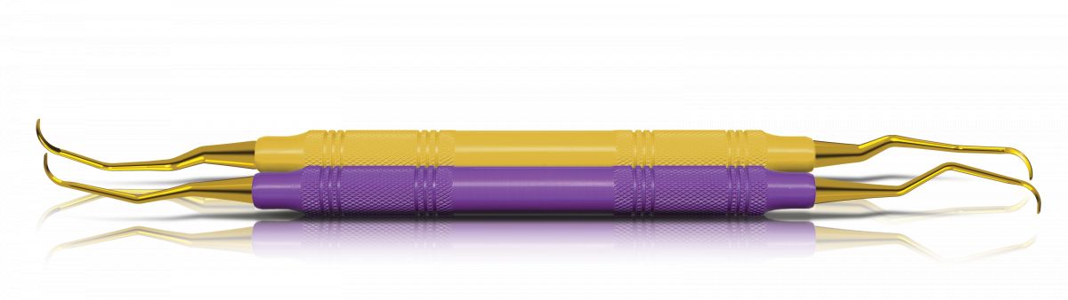 American Eagle XP Double Gracey™ Küretten-Kit mit gelben und lila Griffen.