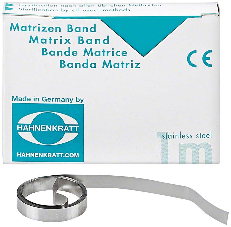 Matrizenband aus Edelstahl im Kartonspender für Dentalanwendungen.