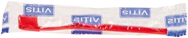 Rote VITIS Zahnbürste für empfindliches Zahnfleisch in Zellophanverpackung.