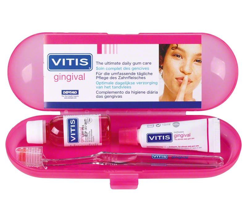 VITIS® gingival Set in pinker Box mit Zahnpasta, Mundspülung und Zahnbürste.