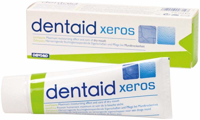 dentaid xeros Feuchtigkeits-Zahnpasta 75ml mit Verpackung und Tube.