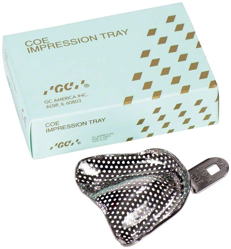 Metall-Löffel für Zahnabdruck neben Verpackung mit COE-Logo.