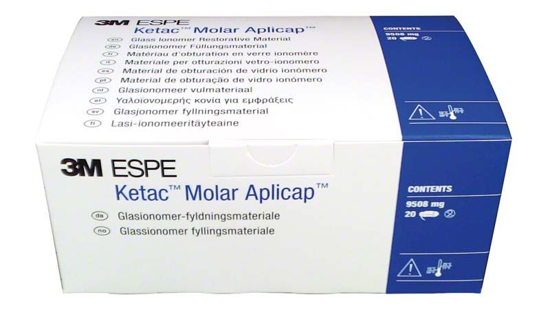 Ketac Molar Aplicap 20er A3 Verpackung mit Produktinformationen und 3M Logo.