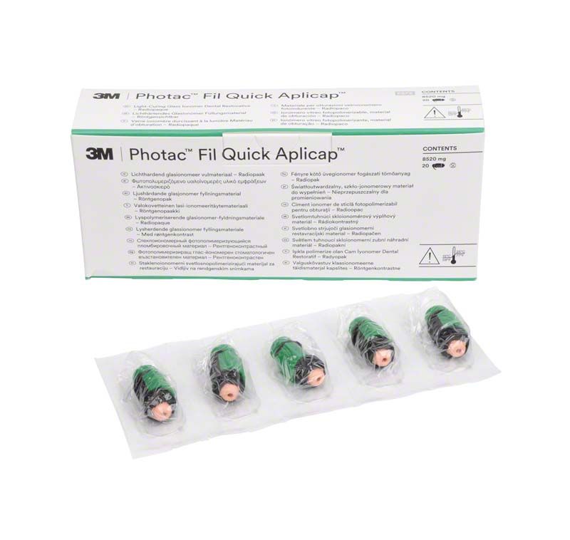 Lichthärtendes Glasionomer Füllungsmaterial Photac™ Fil Quick Aplicap™ in Verpackung.