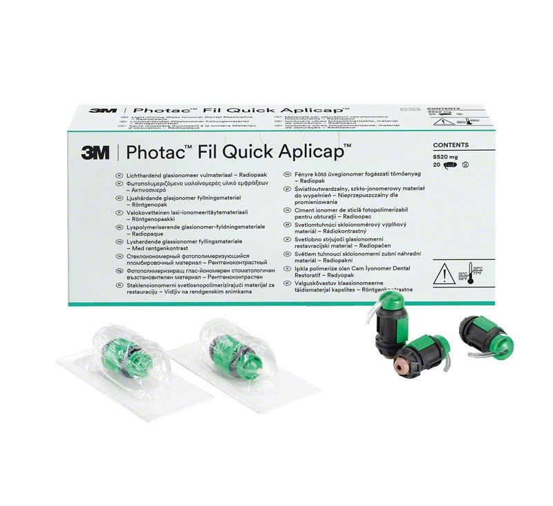 Lichthärtendes Glasionomer Füllungsmaterial Photac™ Fil Quick Aplicap™ mit Verpackung.