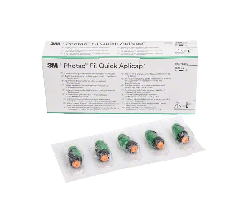 Verpackung der Photac™ Fil Quick Aplicap™ 20er A3.5 neben fünf Kapseln.