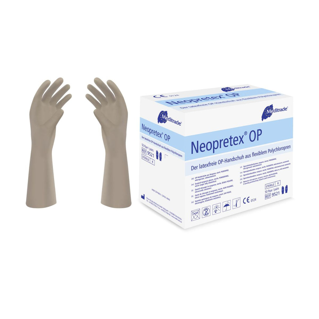 Neopretex® OP-Handschuhe Gr. 9 neben der Verpackung.