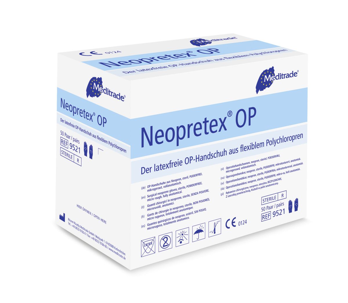 Neopretex® OP-Handschuhe Gr. 9 in weiß-blauer Verpackung mit Produktsymbolen.