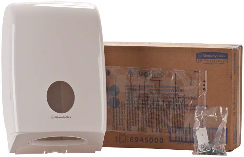 Weißer AQUARIUS* Handtuchspender neben Kartonverpackung und Montagematerial.