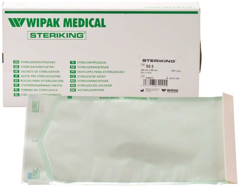 Steriking Selbstklebetüten SS5 vor Verpackung mit Produktinformationen.