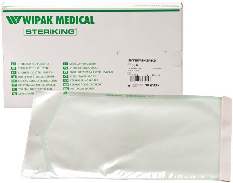 Steriking Selbstklebetüten SS6 250 x 400mm mit Verpackung im Hintergrund.