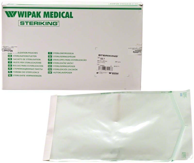 Steriking Selbstklebetüten SS7 mit Kontrollindikatoren und Verpackung.