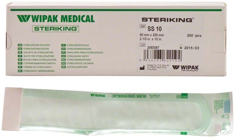 Steriking Selbstklebetüten SS10 60 x 250mm mit Verpackung und Kontrollindikatoren.