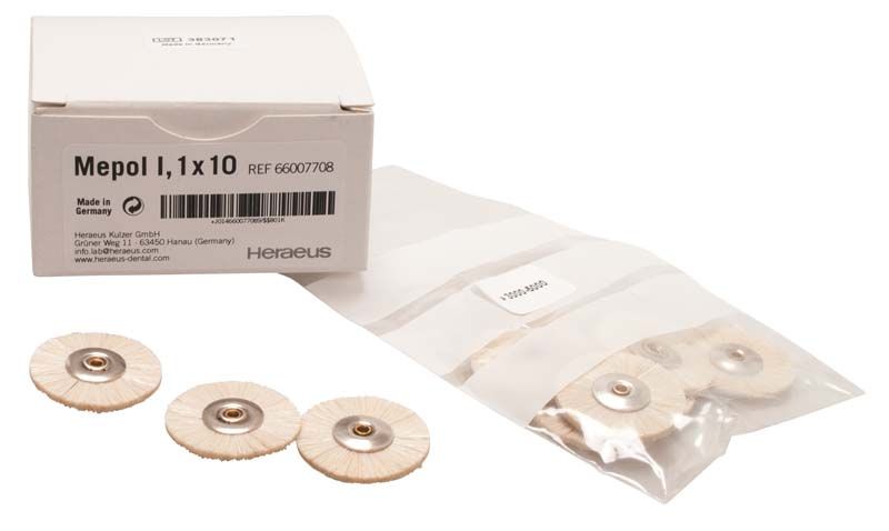 Mepol I Nachfüllpackung mit drei weißen Nylonbürstenaufsätzen und Verpackung.