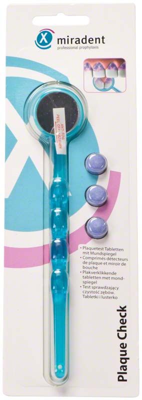 Blauer transparenter Plaque-Check mit Tabletten und ergonomischem Mundspiegel.