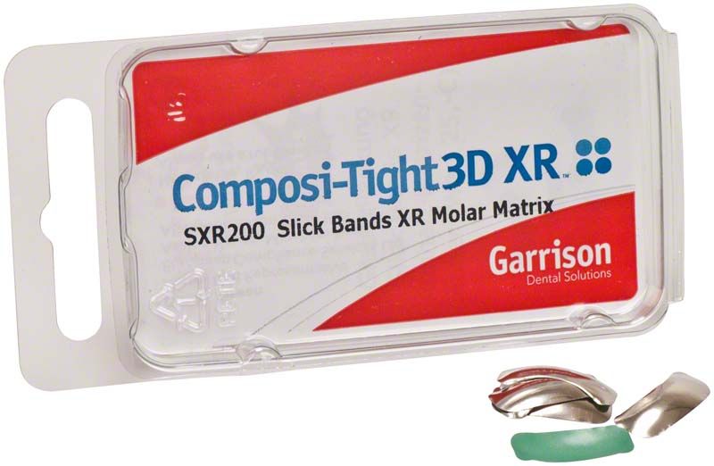 Composi-Tight slick bands für Molaren in grüner Verpackung, Garrison Dental Solutions.