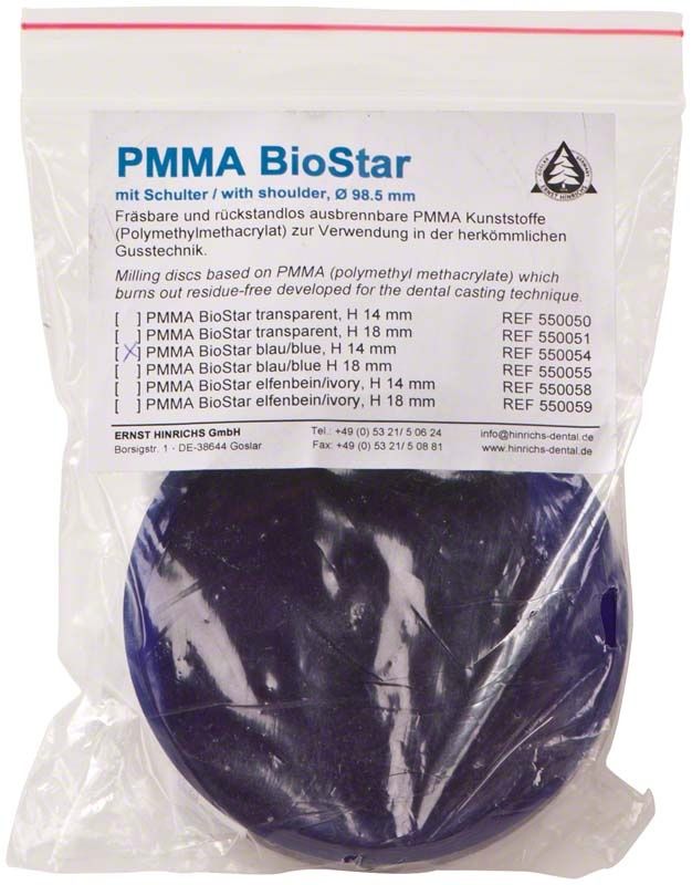 PMMA BioStar Fräsrohling Ø 98,5mm - H 14mm in Blau in Verpackung.