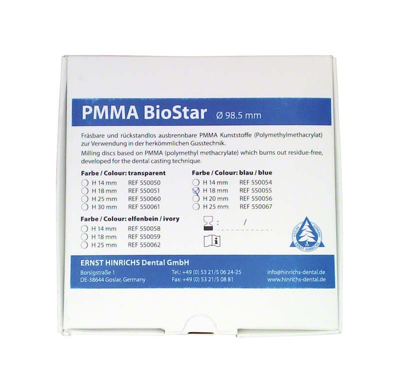 PMMA BioStar Ronde für Dentalanwendungen, Verpackungsvorderseite mit Produktinformationen.